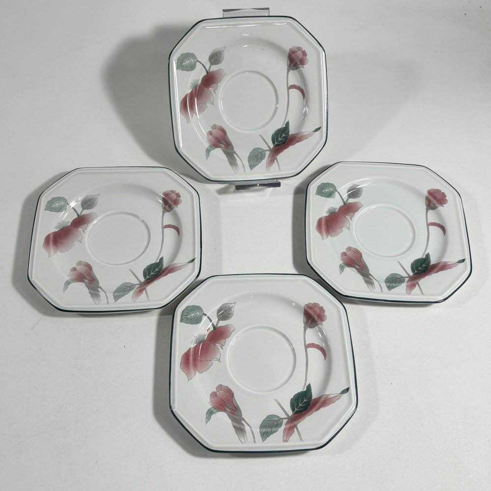 Mikasa Continental Silk Flowers F3003 Saucers Set of 4 Japan Octagonal Pink